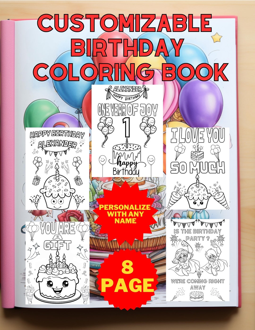 Customizable Birthday Coloring Pages: Set of 8 Personalized Kids ...
