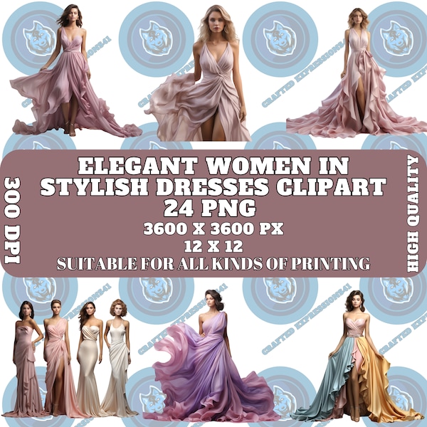 Elegant Women in Stylish Dresses Clipart - Realistic Fashion Figures, Chic Outfits, High-Quality Illustrations - Instant Download