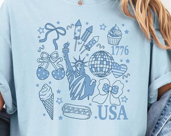 Statue Of Liberty Doodle Tee, Retro 4th Of July Blue Sketch Shirt, Patriotic Coquette Fireworks Design, Independence Day, Comfort Colors Tee