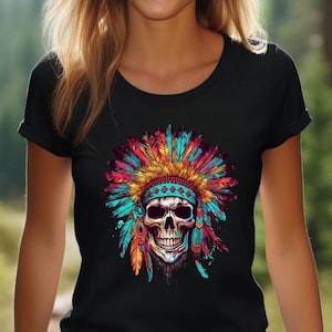 Native Chief Skull T-shirt, American Shirt, Native Tee, Chief Shirt, Ful Moon Top, Native Feather Shirt, Indigenous Art, Dreamcatcher Shirt