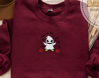 Embroidered Oogie Boogie Sweatshirt, Bat Swarm Hoodie, Dice Ghost Design, Nighttime Spooky Style, Classic Halloween Villain Gift