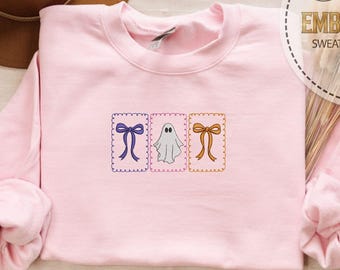 Embroidered Halloween Coquette Hoodie, Bow Ghost Trio Frame Sweatshirt, Spooky Girly Ghost Design, Retro Fall Aesthetic, Cozy Halloween Gift