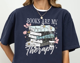 Couleurs réconfortantes, chemise Les livres sont ma thérapie, t-shirt vintage amateur de livres, t-shirt floral liseuse, t-shirt esthétique empilable, cadeau rat de bibliothèque, t-shirt livresques