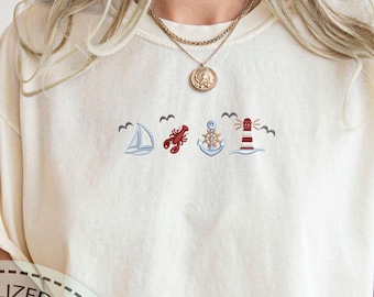 Nautical Embroidery Tee, Lobster Anchor Lighthouse Comfort Colors Shirt, Beach Adventure T-Shirt, Gift For Boat Lovers, Summer Ocean Tee