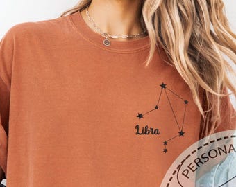 Zodiac Constellation Tee, Embroidered Star Sign Pocket Shirt, Astrology Horoscope Gift, Celestial Design Comfort Colors Tee, Gift For Her