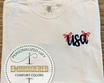 USA Bow Embroidery Tee, 4th Of July Coquette Shirt, Girly America Comfort Colors Tee, Red White Blue Summer T-shirt, Patriotic Gift Idea