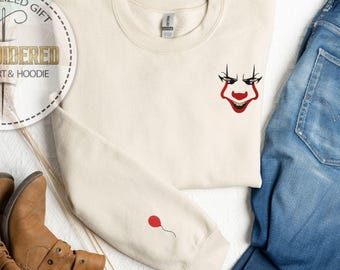 Embroidered Pennywise Balloon Hoodie, Scary Clown Face Sweatshirt, Creepy Horror Embroidery, Halloween Spooky Season Hoodie, Halloween Gift