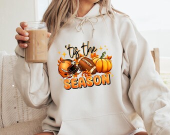Fall Football Helmet Pumpkin Sweatshirt, Autumn Season Hoodie, Cozy Game Day Outfit, Tis The Season Pumpkin Design, Football Fan Gift