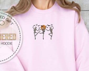 Embroidered Ballet Skeletons Hoodie, Dancing Bones Sweatshirt, Moon and Bats, Retro Pumpkin Accents, Cozy Fall Vibes, Halloween Gift