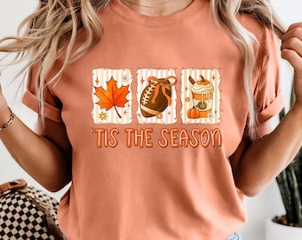 Comfort Colors Tis The Season Tee, Pumpkin Spice Coffee Tee, Autumn Football Shirt, Cozy Fall Graphic T-shirt, Thanksgiving Game Day Gift