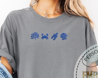 Embroidered Ocean Design Shirt with Coral Crab Lobster, Coastal Sea Life Tee, Marine Style Gift, Summer Look, Comfort Colors Shirt