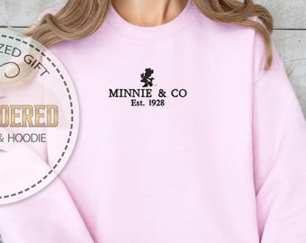 Embroidered Minnie & Co Est. 1928 Hoodie, Disney Retro Sweatshirt, Matching Family Crewneck, Cute Minnie Embroidery Gift, Disneyland Sweat