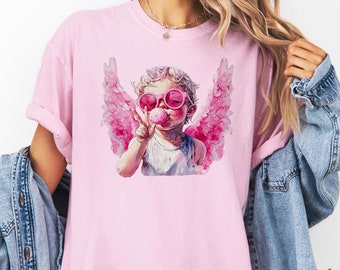 Bubblegum Cherub Shirt, Pink Winged Angel Graphic Tee, Retro Valentine's Day Shirt, Cute Cupid Design, Comfort Colors Tee, Vintage Love Tee