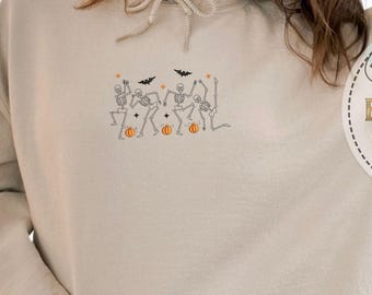 Embroidered Dancing Skeletons Hoodie, Ballet Skeletons Sweatshirt, Autumn Pumpkins And Bats, Cozy Halloween Night, Spooky Season Gift