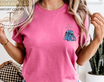 Embroidered , Angel Stitch Lilo Hibiscus Shirt,  Comfort Colors Pocket Tee, Minimal Character Outfit, Gift For Disney Lovers, Disney T-shirt