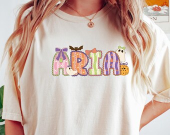 Comfort Colors Coquette Name T-shirt, Bow Pastel Kids Shirt, Spooky Alphabet Tee, Ghost Pumpkin Bat, Spider Web Details, Halloween Gift
