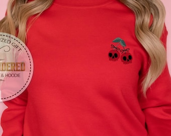 Embroidered Cherry Skull Bow Sweatshirt, Coquette Ribbon Style Hoodie, Spooky Cherry Aesthetic, Soft Goth Look, Cute Halloween Gift