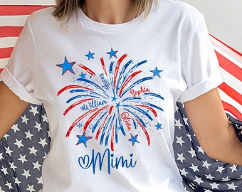 Camiseta americana personalizada, camiseta con nombre personalizado, camiseta personalizada del 4 de julio, Día de la Independencia, rojo, blanco y azul, camiseta de fuegos artificiales