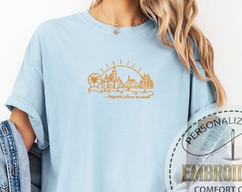 Comfort Colors Embroidered Park Tee, Happiest Place Graphic, Magic Kingdom Shirt, Mickey Ears Accent, Park Skyline, Family Trip T-shirt Gift