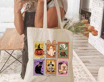 Halloween Trick Or Treat Tote Bag, Cute Ghost Pumpkin And Cat Tote, Coquette Bow Fall Bag, Spooky Halloween Tote, Retro Party Vibes Gift