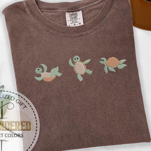 Three Turtle Embroidered Tee, Caretta Caretta Shirt, Cute Sea Animal Gift, Summer Ocean Stitch, Beach Vibes T-shirt, Comfort Colors Tee