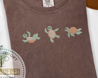 Three Turtle Embroidered Tee, Caretta Caretta Shirt, Cute Sea Animal Gift, Summer Ocean Stitch, Beach Vibes T-shirt, Comfort Colors Tee