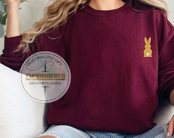 Custom Thread Bunny Hoodie, Embroidered Pocket Design, Easter Sweatshirt, Spring Animal Lover Gift, Personalized Bunny Sweatshirt