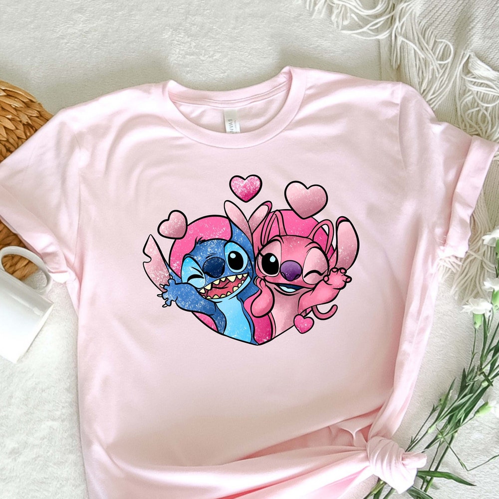 Disney Valentine Shirt, Stitch Shirt, Angel Shirt, Love Shirt, Cartoon Shirt, Disney Couple Shirt, Heart Shirt, Valentines Day Shirt Onlytee