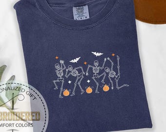 Embroidered Skeleton Dance Shirt, Comfort Colors T-shirt, Pumpkins & Bats Graphic Tee, Funny Spooky Season Design, Halloween Party Gift