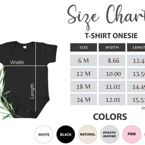 May include: Black baby onesie with a size chart showing width and length measurements in inches. The chart includes sizes 6M, 12M, 18M, and 24M. Color options include white, black, natural, athletic heather, pink, and red.