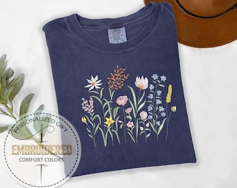 Embroidered Wildflower Shirt, Comfort Colors Tee, Floral Garden Shirt, Botanical Cottagecore Gift For Her, Nature Lover T-Shirt For Spring