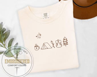 Embroidered Camping Icons Tee, Comfort Colors T-shirt, Cozy Bonfire Shirt, Outdoor Adventure TShirt, Summer Camp Tee, Gift For Camper