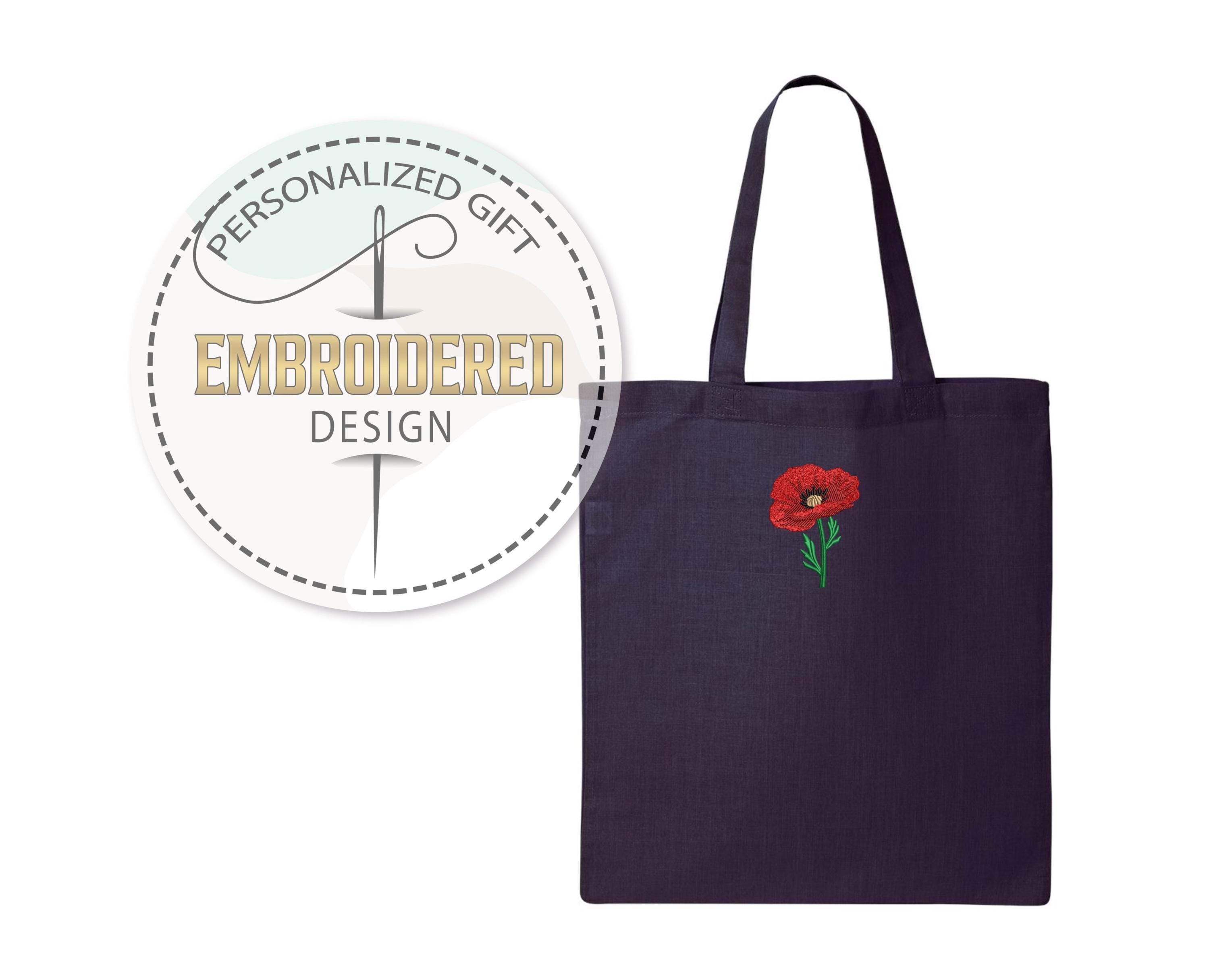 Red Poppy Flower Embroidered Tote Bag, Wildflower Botanical Canvas