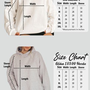 Peut inclure: Un sweat-shirt blanc et un sweat &agrave; capuche gris avec des tableaux des tailles. Les tableaux indiquent les mesures en pouces pour la largeur, la longueur et la longueur des manches, de la taille S &agrave; 3XL.