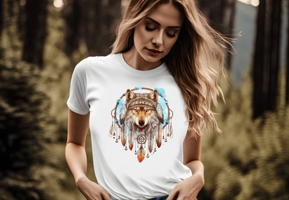 Wolf T-shirt, Spiritual Shirt, Animal Shirt, Ful Moon Shirt, Native Feather Shirt, American Shirts, Indigenous Art, Dreamcatcher Shirt