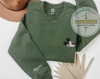 Embroidered Mickey or Minnie Hoodie, Sleeve Signed Disney Sweatshirt, Sweatshirt For Disney Trips, Gift For Him, Theme Park Outfit