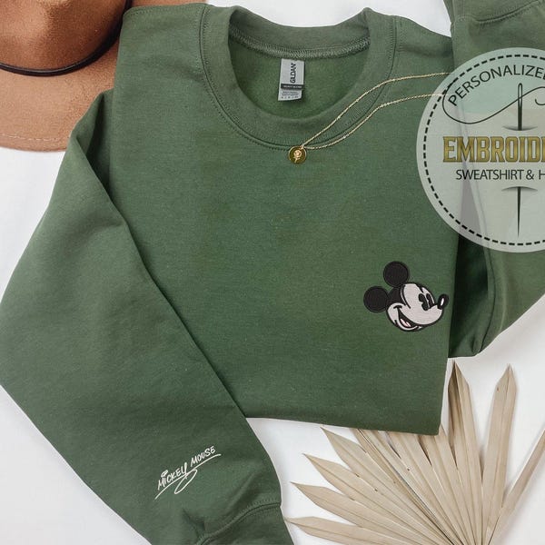 Embroidered Mickey or Minnie Hoodie, Sleeve Signed Disney Sweatshirt, Sweatshirt For Disney Trips, Gift For Him, Theme Park Outfit