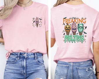 Funny Melting Halloween T-shirt, Summerween Ice Cream Tee, Spooky Monster Cone Shirt, Halloween Joke Tee, 2 Sided T-shirt, Gift For Her