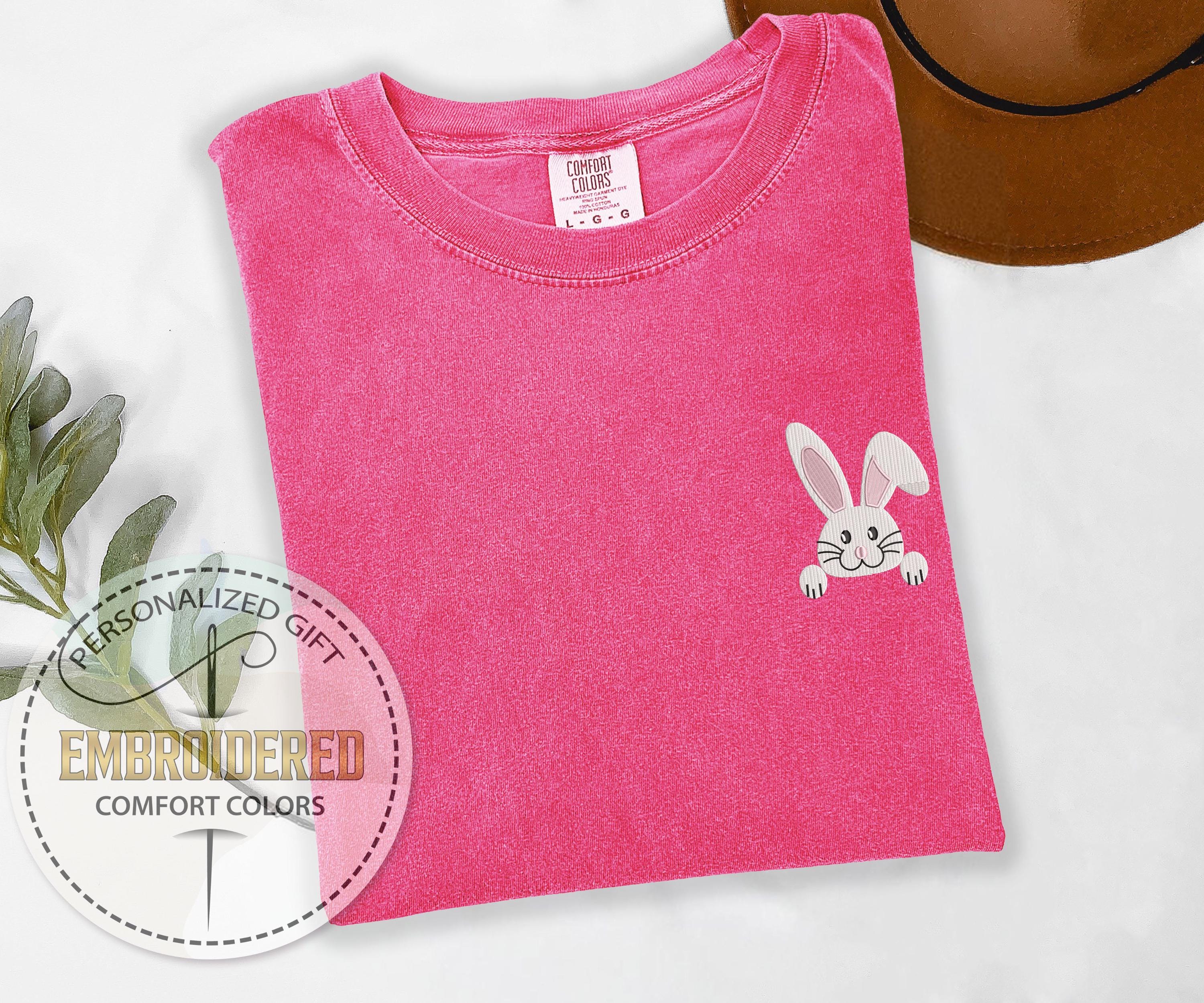 Bunny Face Embroidered Shirt, Comfort Colors Easter Tee, Spring Rabbit T-Shirt, Cute Animal Lover Shirt For Women, Minimal Pocket Embroidery