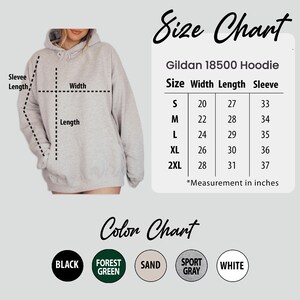 Puede incluir: Tabla de tallas para una sudadera con capucha Gildan 18500, que muestra las medidas en pulgadas para las tallas S, M, L, XL y 2XL. La tabla de colores muestra las opciones de negro, verde bosque, arena, gris deportivo y blanco.