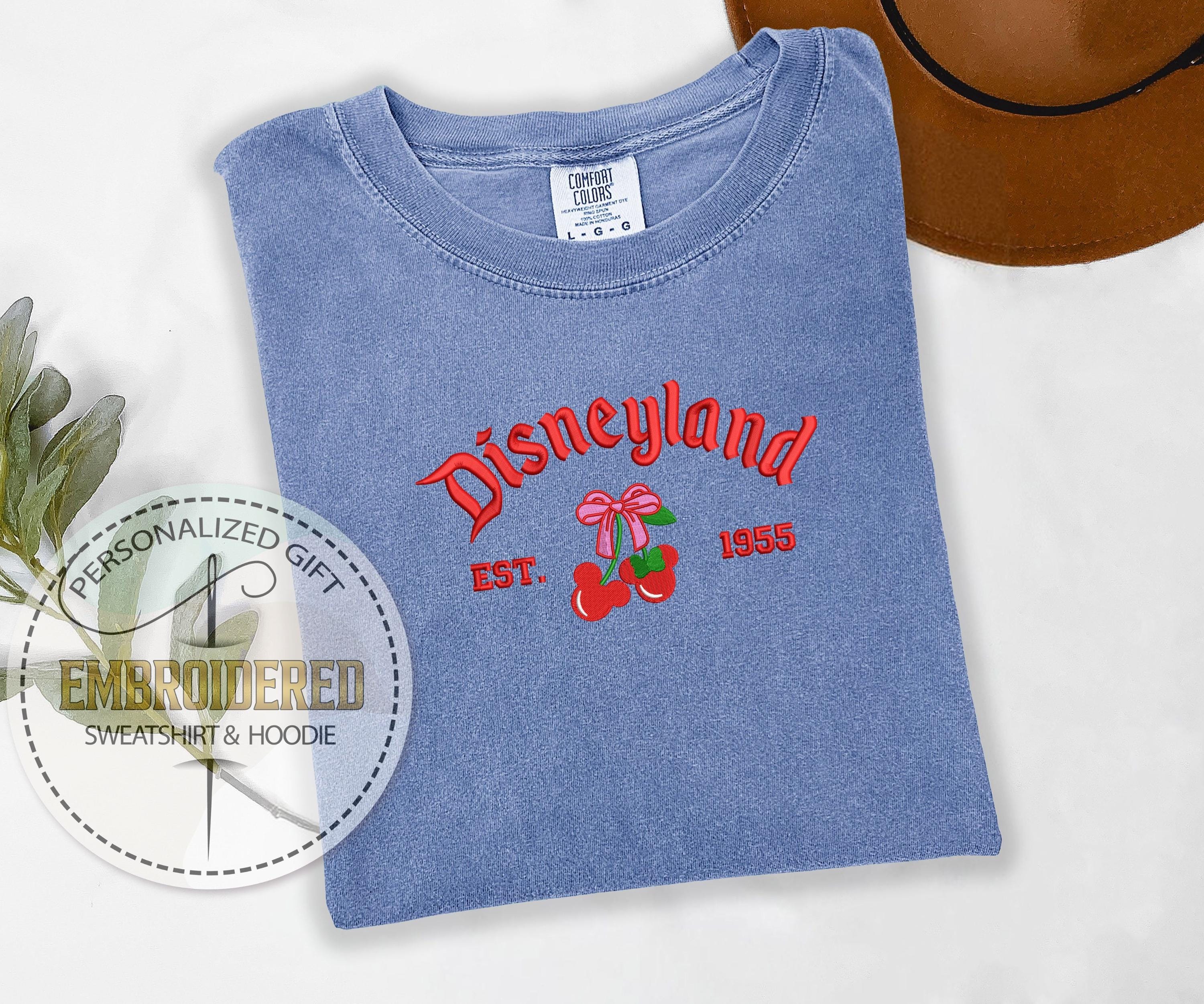 Disneyland EST 1955 Shirt, Embroidered Cherry Bow Tee, Coquette Aesthetic Embroidery T-Shirt, Vintage Disney Park Outfit, Comfort Colors Tee