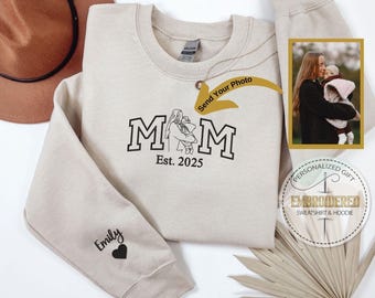 MOM Sweatshirt With Embroidered Portrait, Personalized Photo Stitch Hoodie, Sleeve Name Design, Custom Year Gift, Mother’s Day Sweat,
