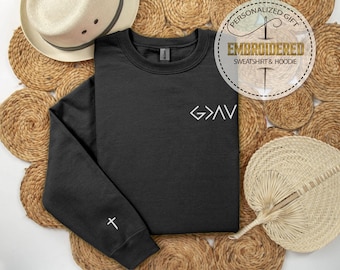 Embroidered God Is Greater Than The Highs And Lows Hoodie, Faith-Based Religious Sweatshirt, Cross Sleeve Hoodie, Bible Verse Winter Gift