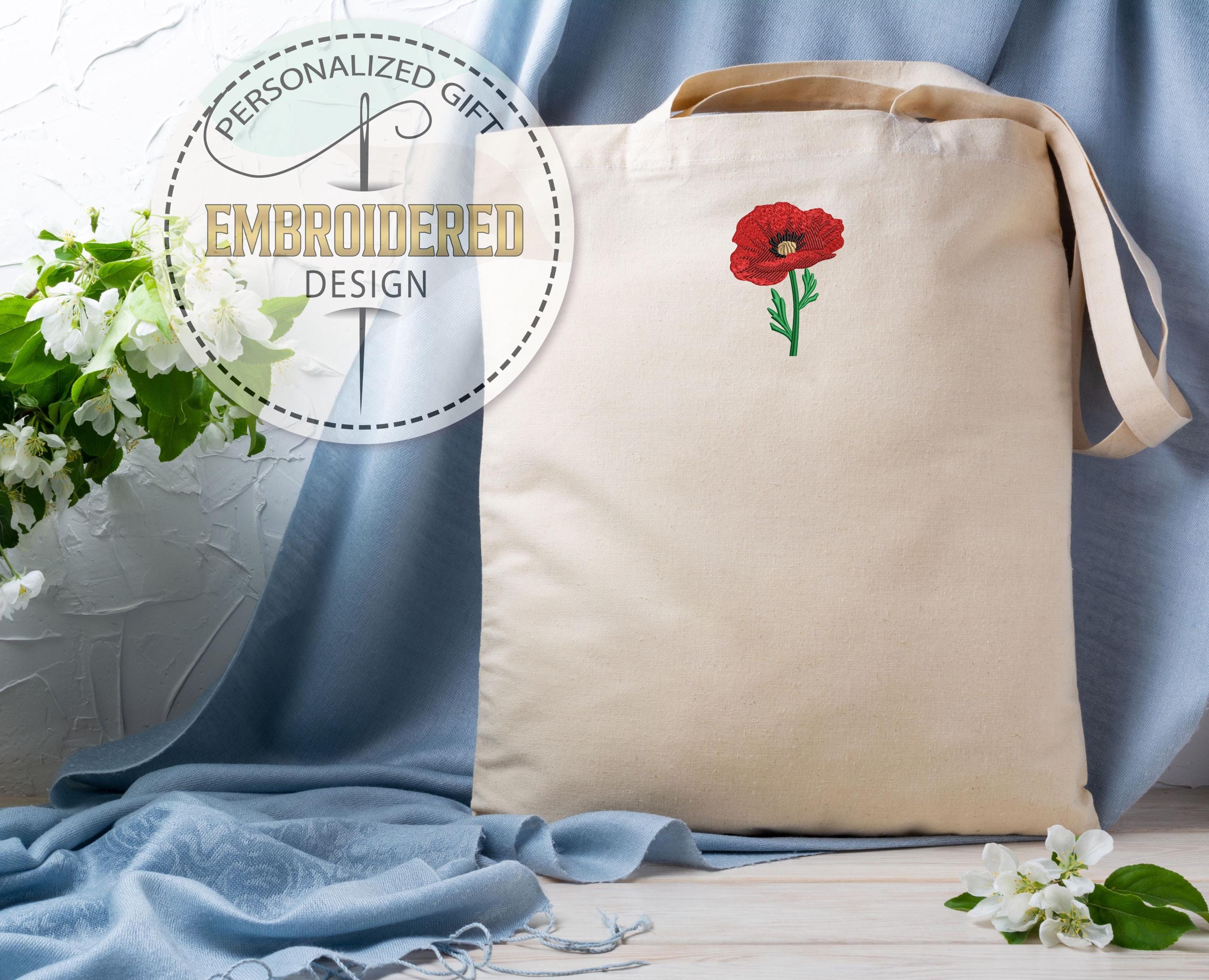 Red Poppy Flower Embroidered Tote Bag, Wildflower Botanical Canvas