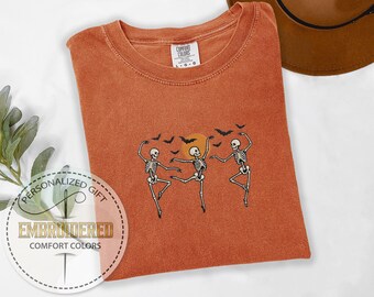 Embroidered Ballet Skeleton Tee, Comfort Colors T-shirt, Dancing Halloween Tee, Spooky Skeleton Shirt, Skeleton Dance Tee, Fall Season Gift
