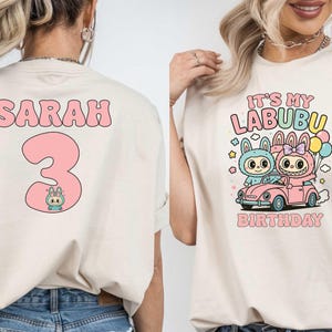 Personalized Labubu Girl Tee, Custom Character Birthday Shirt, Cute Name Age Design T-shirt, Gift For Her, Kids Party Tee, Custom Labubu Tee