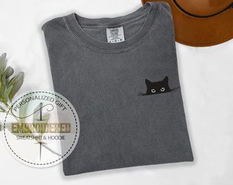 Black Cat Embroidered Tee, Comfort Colors Embroidery Shirt, Peeking Cat Tee, Cozy Cat Lover Gift, Spooky Aesthetic Outfit, Cute Feline Tee,