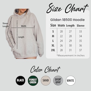 K&ouml;nnte beinhalten: Gr&ouml;&szlig;entabelle f&uuml;r ein Gildan 18500 Hoodie in den Gr&ouml;&szlig;en S, M, L, XL und 2XL. Die Tabelle zeigt die Breite, L&auml;nge und &Auml;rmell&auml;nge in Zoll. Die Farboptionen umfassen Schwarz, Waldgr&uuml;n, Sand, Sportgrau und Wei&szlig;.