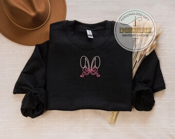 Coquette Bunny Hoodie, Embroidered Ears Bow Design, Trendy Easter Sweatshirt, Spring Gift For Girls, Cute Rabbit Crewneck, Bunny Lover Gift