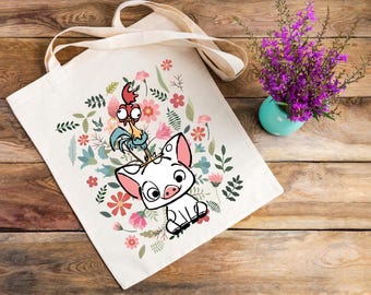 Disney Hei Hei And Pua Floral Tote Bag, Floral Pig And Rooster Tote Bag, Cute Farm Animal Design,   Funny Animal Lover Gift, Moana Bag